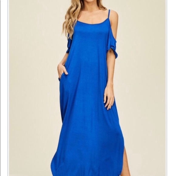 1 Medium LEFT! Cold Shoulder Maxi Dress Royal Blue - Picture 3 of 8